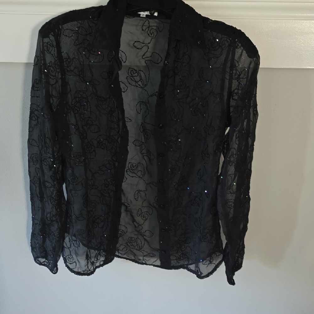 Sheer Black Floral Blouse sz 2 anne fontaine paris